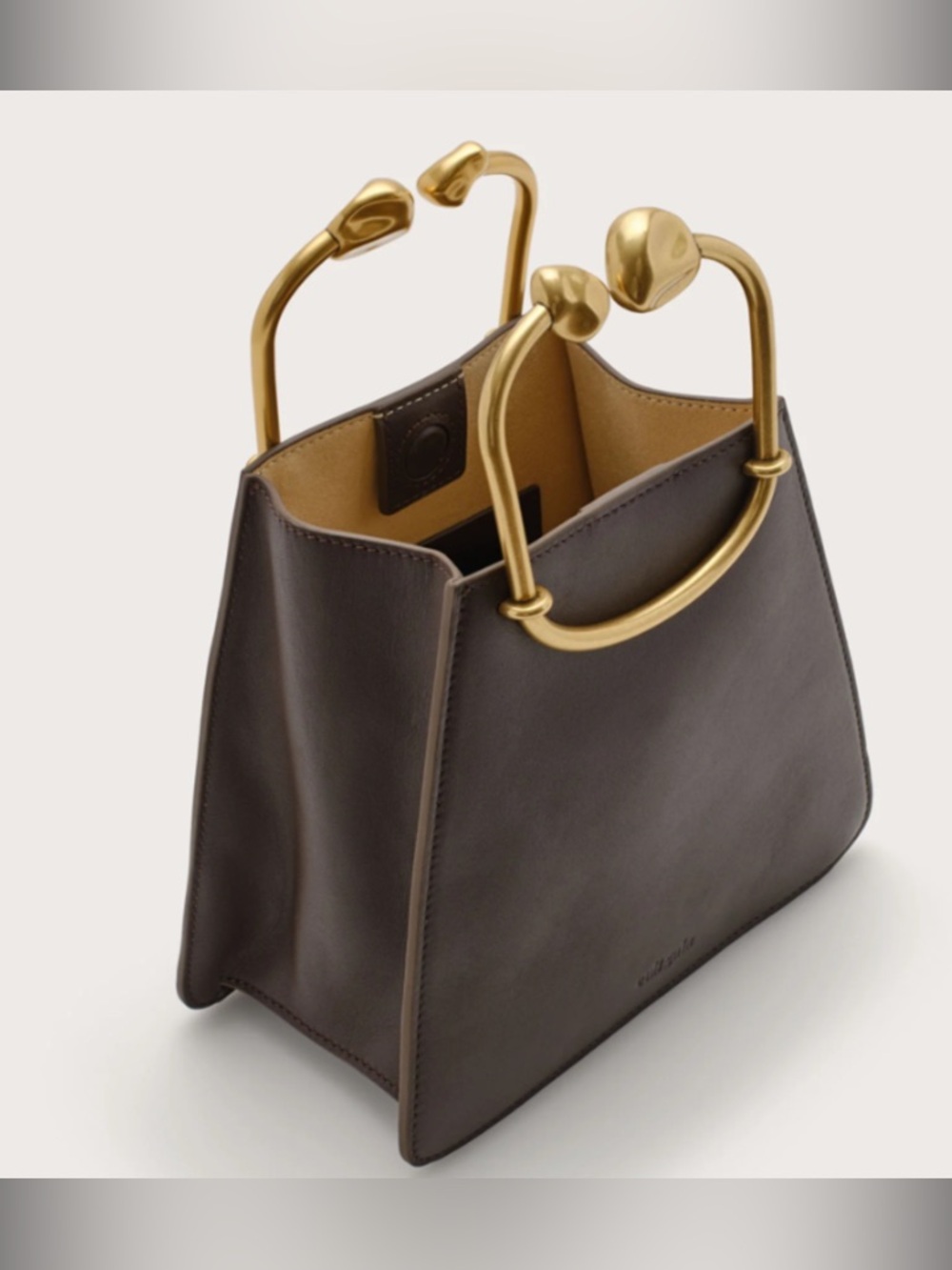 Cult Gaia Dark Brown Leather Mini Tote with Gold Sculptural Handles